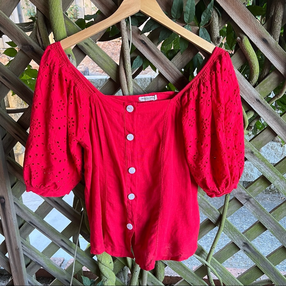 Valentina Naldi Red Linen Puff Sleeve Top Medium